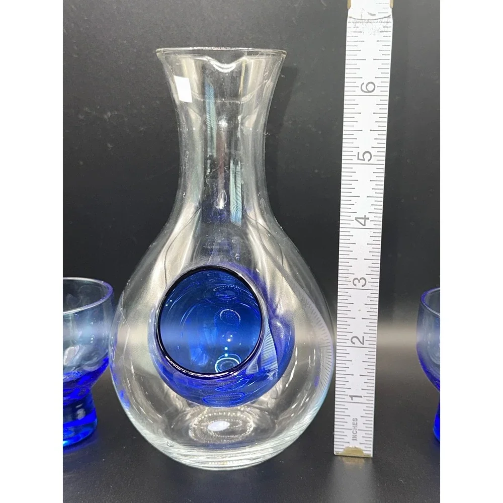 Handmade Japanese Glass Sake Set Decanter with Ice Pocket and 2 Blue Cups